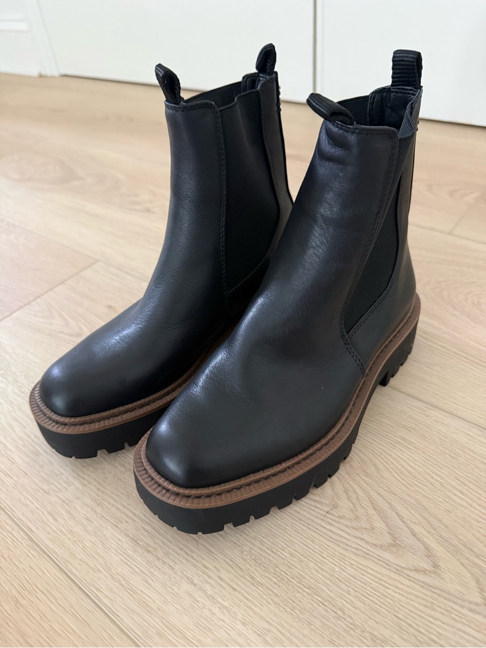 Sam Edelman Black Leather Chelsea Combat Boots with Brown Trim